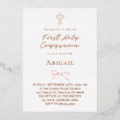 real foil little pink bow First Holy Communion Folie Uitnodiging (Voorkant)