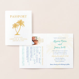 Real Foil Palm Tree Passport Weduwuitnodiging Folie Kaarten