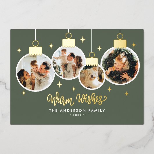*REAL FOIL* Warm Wishes 4 Ornament Photos Folie Feestdagenkaart (Voorkant)