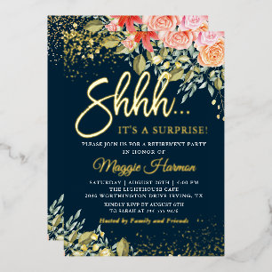 Real Folie Blue Gold Floral Surprise Retirement Folie Uitnodiging