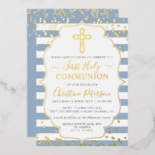 Real Folie Gold Dusty Blue Stripes First Community Uitnodiging