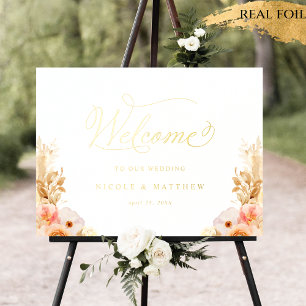 Real Folie Peach Floral Weddenschap Welcome Sign Folie Afdrukken