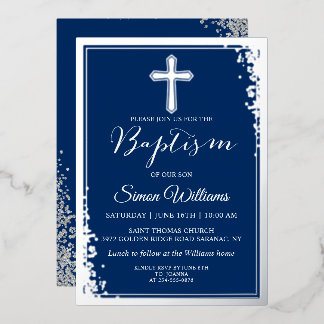 Real Folie Silver Glitter Navy Blue Boy Baptisme Folie Uitnodiging