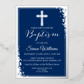 Real Folie Silver Glitter Navy Blue Boy Baptisme Folie Uitnodiging (Voorkant)