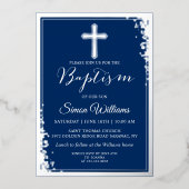 Real Folie Silver Glitter Navy Blue Boy Baptisme Uitnodiging (Voorkant)