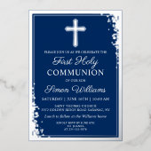 Real Folie Silver Glitter Navy Blue First Communit Folie Uitnodiging (Voorkant)