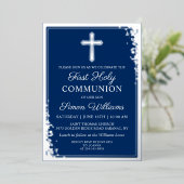 Real Folie Silver Glitter Navy Blue First Communit Folie Uitnodiging (Staand Voorkant)