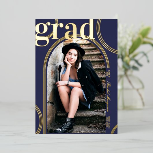 Real Gold Blue Circle Geometric Arch Afstuderen Folie Uitnodiging (Staand Voorkant)