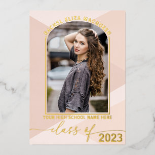 Real Gold Blush Pink Geometric Photo Afstuderen vo Folie Uitnodiging