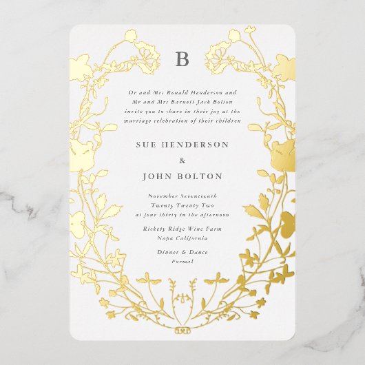 REAL Gold Circle Monogram, gedroogd wild, gedroogd Folie Uitnodiging (Voorkant)