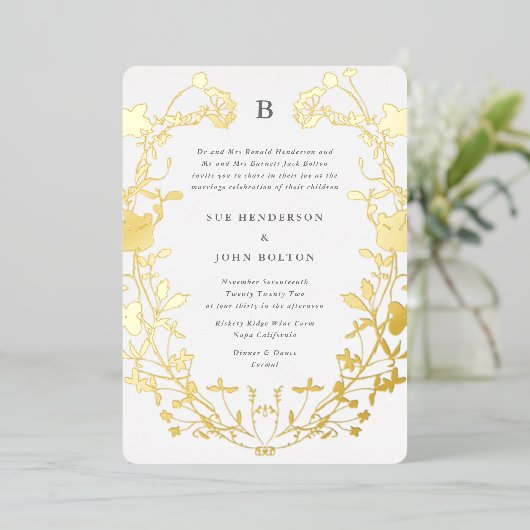 REAL Gold Circle Monogram, gedroogd wild, gedroogd Folie Uitnodiging (Staand Voorkant)