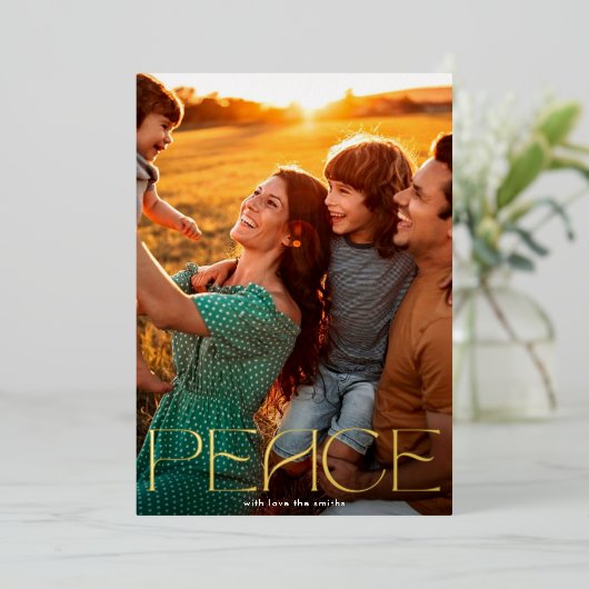 Real Gold Custom Text Peace - kerstfoto Folie Feestdagenkaart (Staand Voorkant)