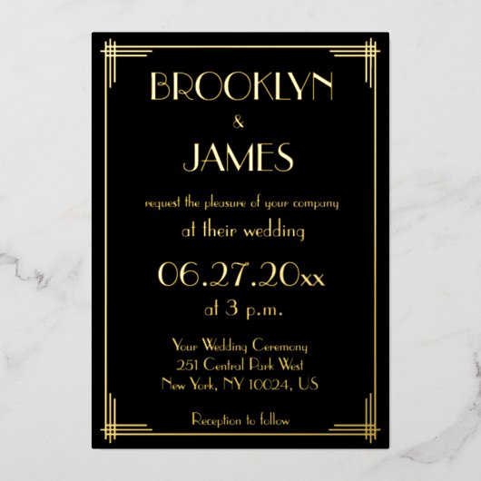 Real Gold Foil Art Deco Wedding Invitations Folie Uitnodiging (Voorkant)
