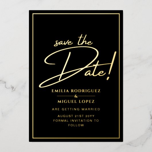 Real GOLD Foil Black Save the Date Wedding Folie Uitnodiging (Voorkant)