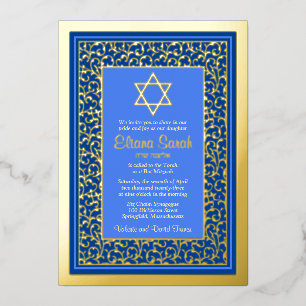 Real Gold Foil Blue Star van David Bat Mitzvah Folie Uitnodiging