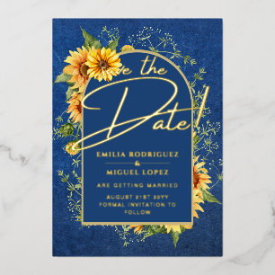 Real GOLD FOIL Blue Sunflower Save Date Weddenscha Folie Uitnodiging