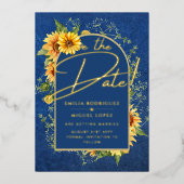 Real GOLD FOIL Blue Sunflower Save Date Weddenscha Folie Uitnodiging (Voorkant)