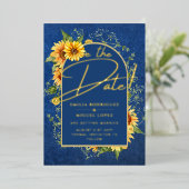 Real GOLD FOIL Blue Sunflower Save Date Weddenscha Folie Uitnodiging (Staand Voorkant)