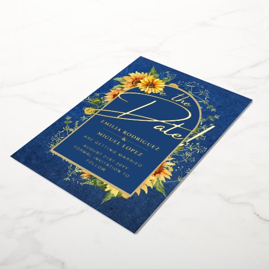 Real GOLD FOIL Blue Sunflower Save Date Weddenscha Folie Uitnodiging (Gedraaid)