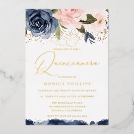 Real Gold Foil Blush & Navy Quinceanera Party Folie Uitnodiging