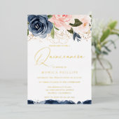 Real Gold Foil Blush & Navy Quinceanera Party Folie Uitnodiging (Staand Voorkant)