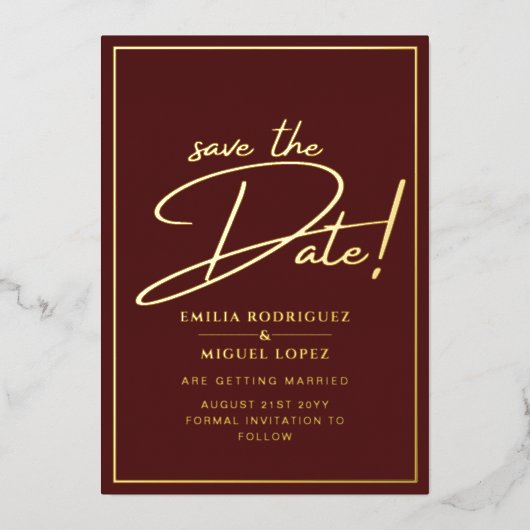 Real GOLD Foil Burgundy Save the Date Wedding Folie Uitnodiging (Voorkant)