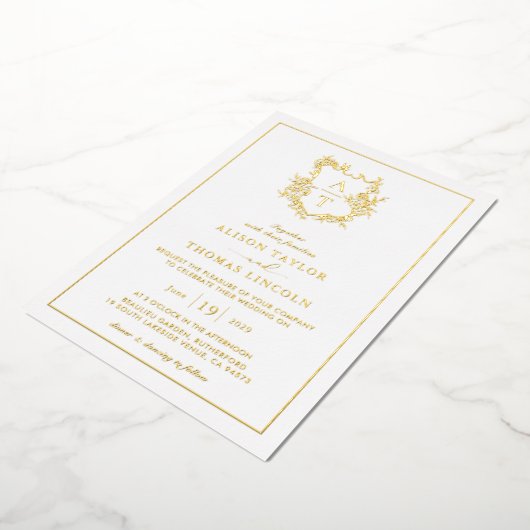 Real Gold Foil Crest Monogram Weddenschap Folie Uitnodiging (Gedraaid)