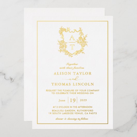 Real Gold Foil Crest Monogram Weddenschap Folie Uitnodiging (Voorkant / Achterkant)