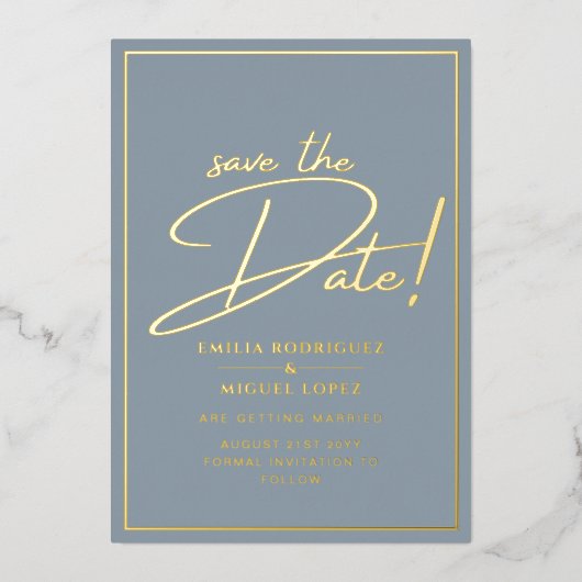 Real GOLD Foil Dusty Blue Save the Date Wedding Folie Uitnodiging (Voorkant)
