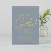 Real GOLD Foil Dusty Blue Save the Date Wedding Folie Uitnodiging (Staand Voorkant)