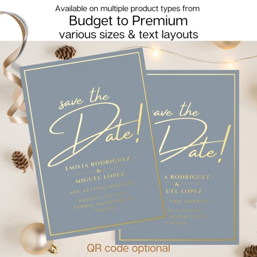 Real GOLD Foil Dusty Blue Save the Date Wedding Folie Uitnodiging