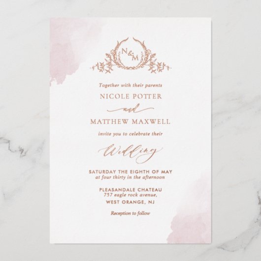 Real Gold Foil Elegant Dusty Roos Monogram Weddens Folie Uitnodiging (Voorkant)