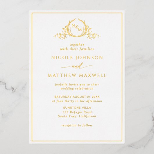 Real Gold Foil Elegant Monogram Wreated Wedding Folie Uitnodiging (Voorkant)