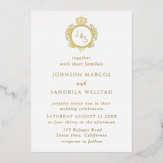 Real Gold Foil Elegant Wreater Monogram Wedding Fo Folie Uitnodiging (Voorkant)