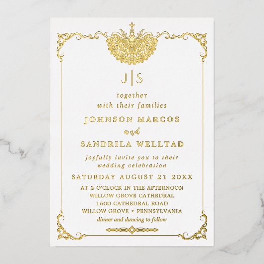 Real Gold Foil Elegant Wreater Monogram Wedding Fo Folie Uitnodiging (Voorkant)