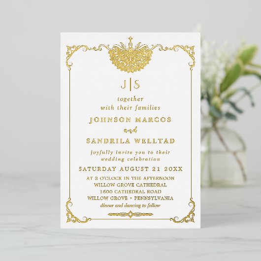 Real Gold Foil Elegant Wreater Monogram Wedding Fo Folie Uitnodiging (Staand Voorkant)
