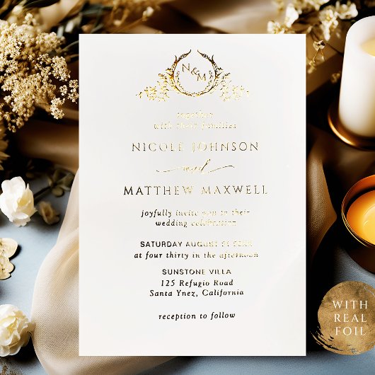 Real Gold Foil Elegant Wreator Monogram Wedding Folie Uitnodiging