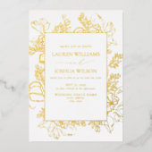 Real Gold Foil Floral Line Art Wedding Folie Uitnodiging (Voorkant)
