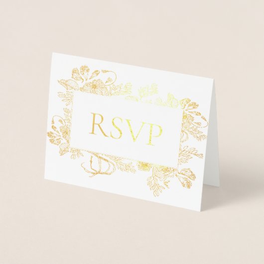 Real Gold Foil Floral Line Art Wedding RSVP Folie Kaarten (Voorkant)