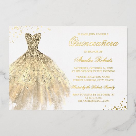 REAL GOLD FOIL Gold Sparkle Dress Quinceanera Folie Uitnodiging (Voorkant)