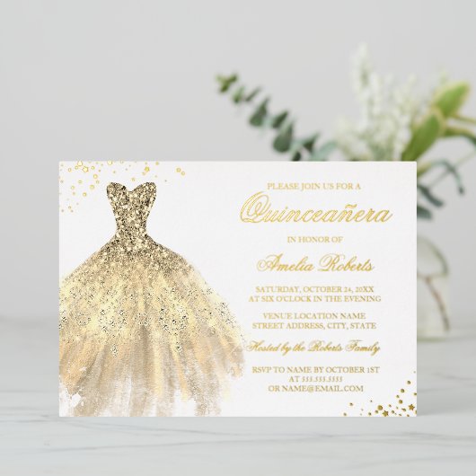 REAL GOLD FOIL Gold Sparkle Dress Quinceanera Folie Uitnodiging (Staand Voorkant)