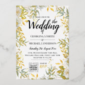REAL GOLD FOIL Greenery PHOTO QR Code Weddenschap Folie Uitnodiging (Voorkant)