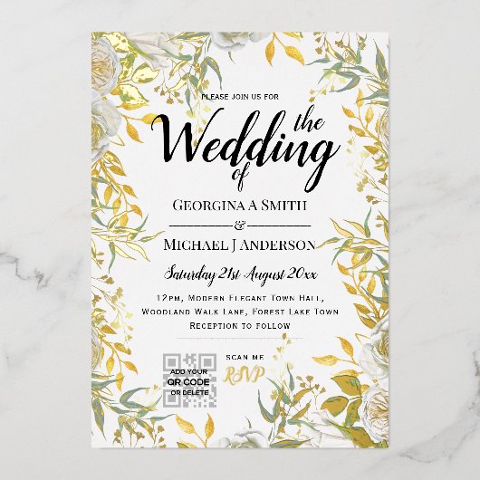 REAL GOLD FOIL Greenery PHOTO QR Code Weddenschap Folie Uitnodiging (Voorkant)