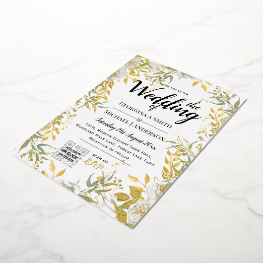 REAL GOLD FOIL Greenery PHOTO QR Code Weddenschap Folie Uitnodiging (Gedraaid)