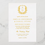 Real Gold Foil Leafy Crest Monogram Weddenschap Folie Uitnodiging (Voorkant)