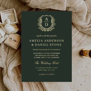 Real Gold Foil Leafy Crest Monogram Weddenschap Folie Uitnodiging