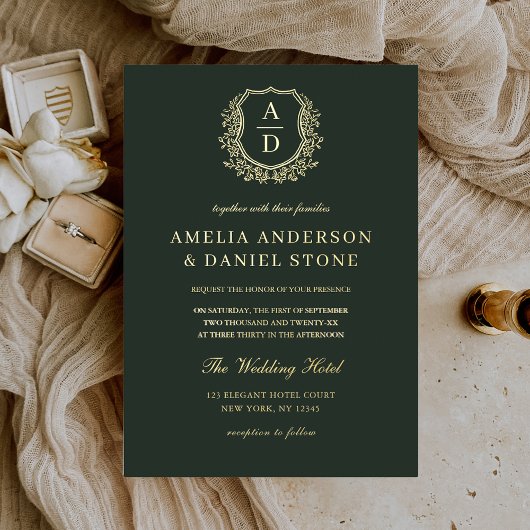 Real Gold Foil Leafy Crest Monogram Weddenschap Folie Uitnodiging