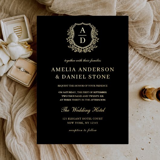 Real Gold Foil Leafy Crest Monogram Weddenschap Folie Uitnodiging