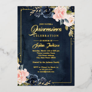 REAL GOLD FOIL Navy Blush Floral Quinceanera Folie Uitnodiging