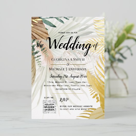 REAL GOLD FOIL Pampas Grass PHOTO QR Code Weddensc Folie Uitnodiging (Staand Voorkant)